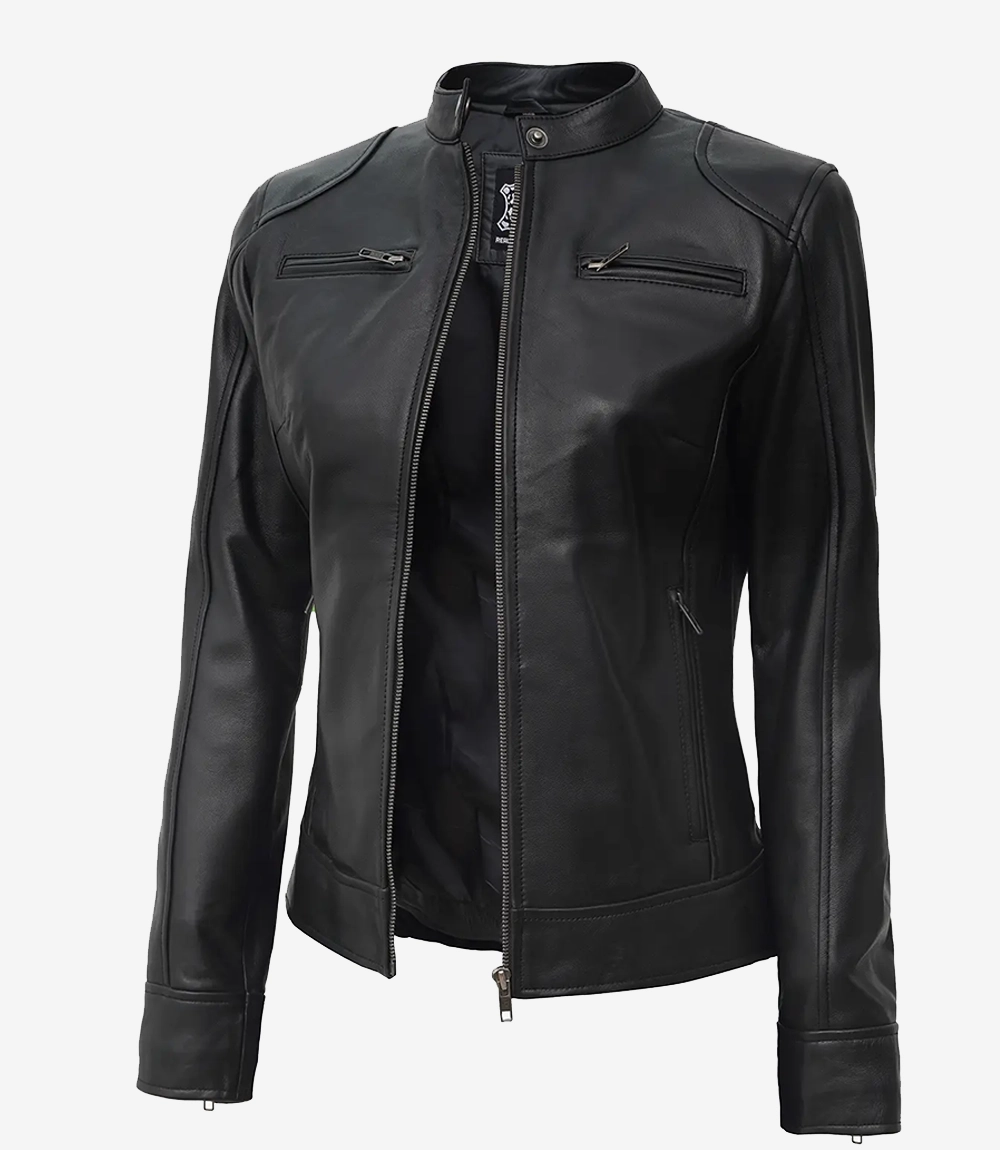 Dodge Black Women's Petite Leather Biker Jacket