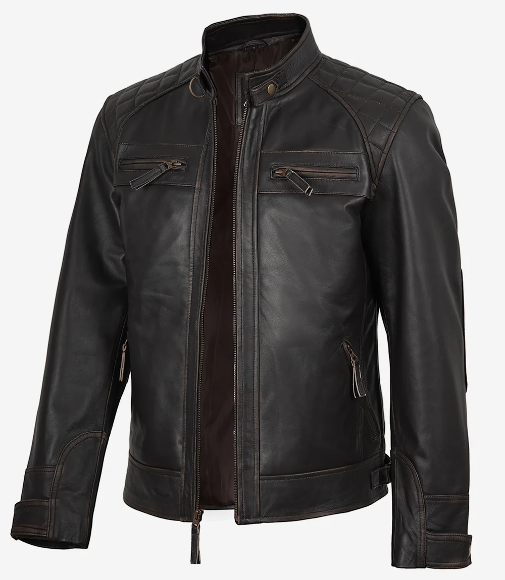 Tall Quilted Rub-Off Cafe Racer Brown Leather Jacket