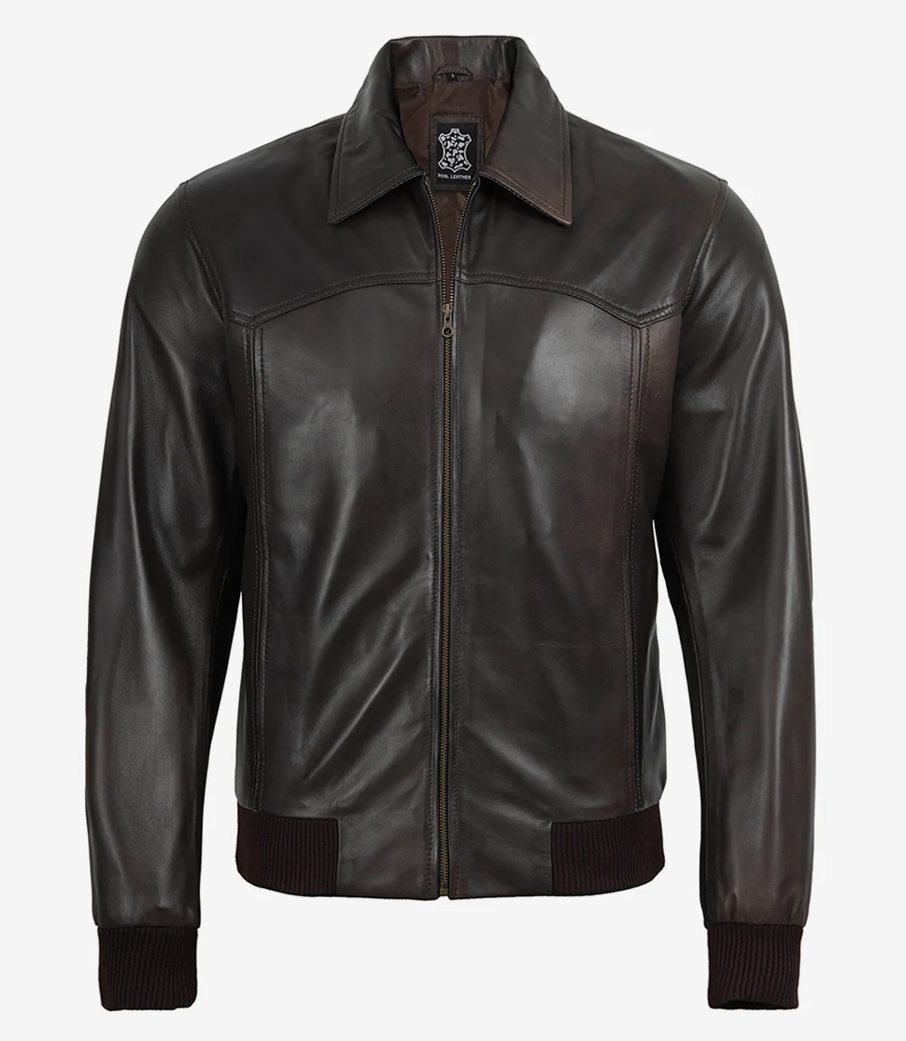 brown leather jacket shirt collar