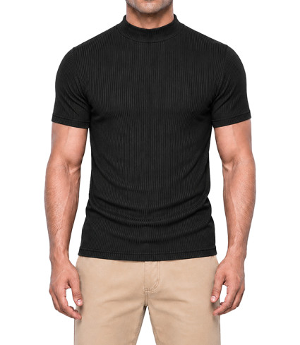 Monak Men's Black Ribbed Mock Neck Slim Fit T Shirt