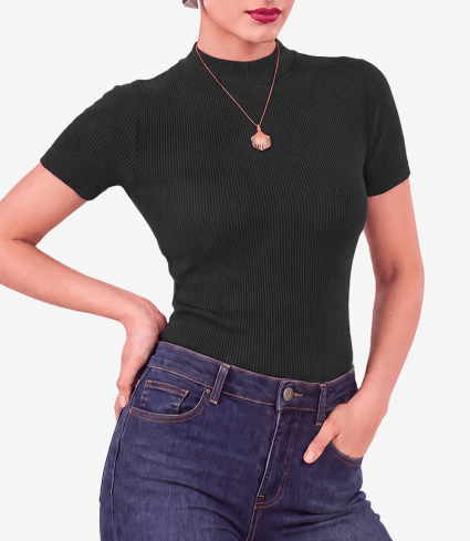 Janine Women's Black Ribbed Mock Neck Short Sleeve Top