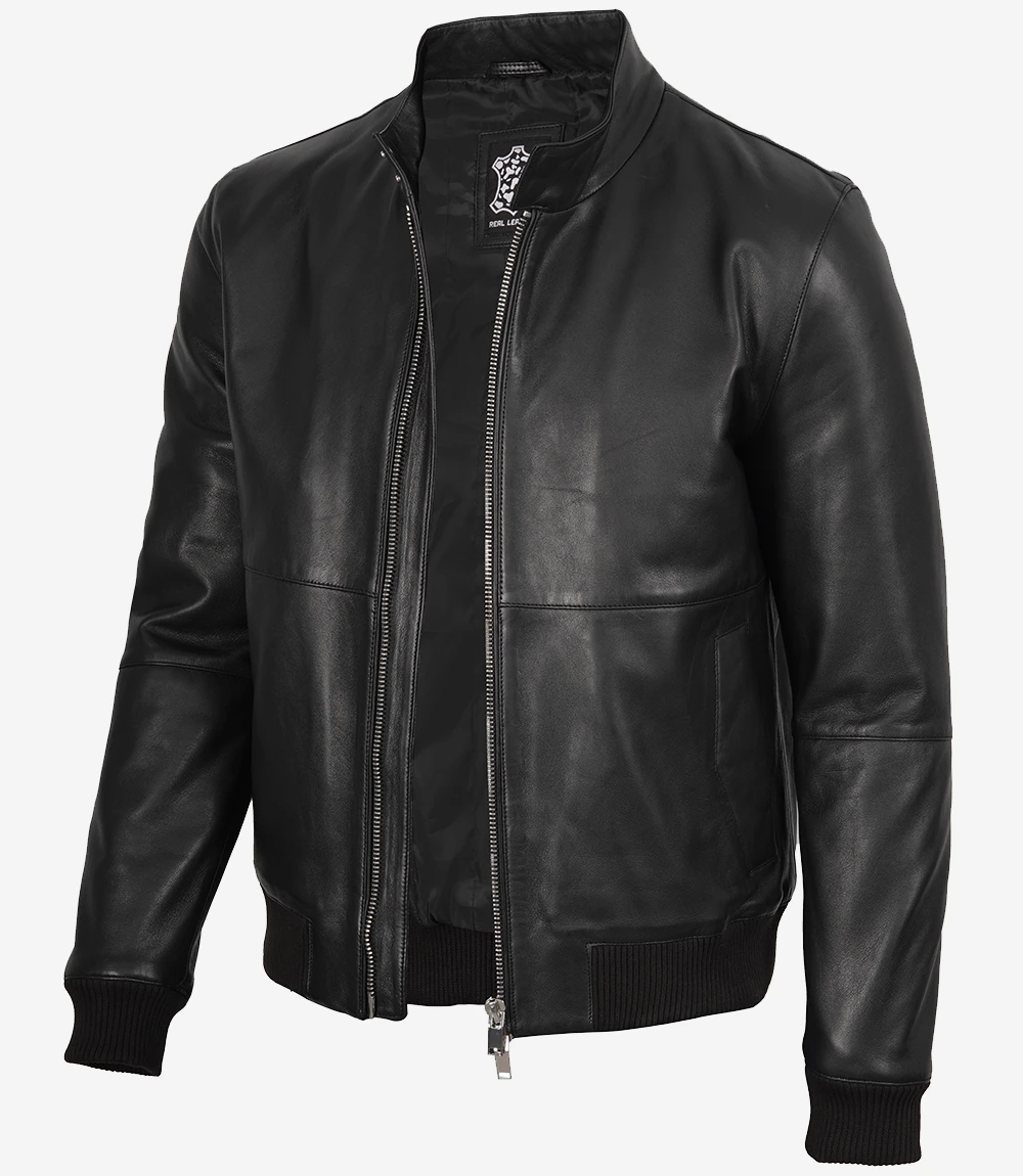 Men's Black Lambskin Leather Bomber Jacket