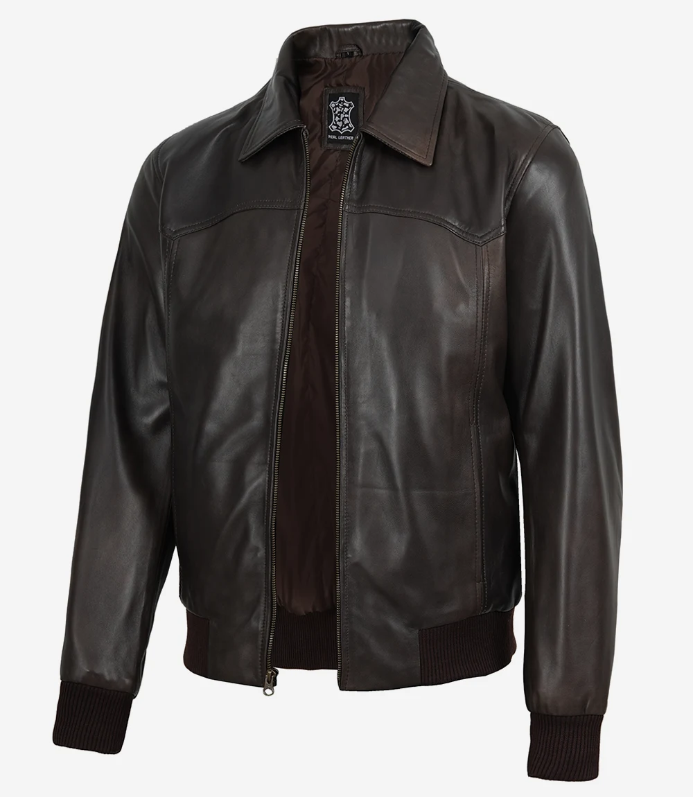 mens brown leather bomber jacket