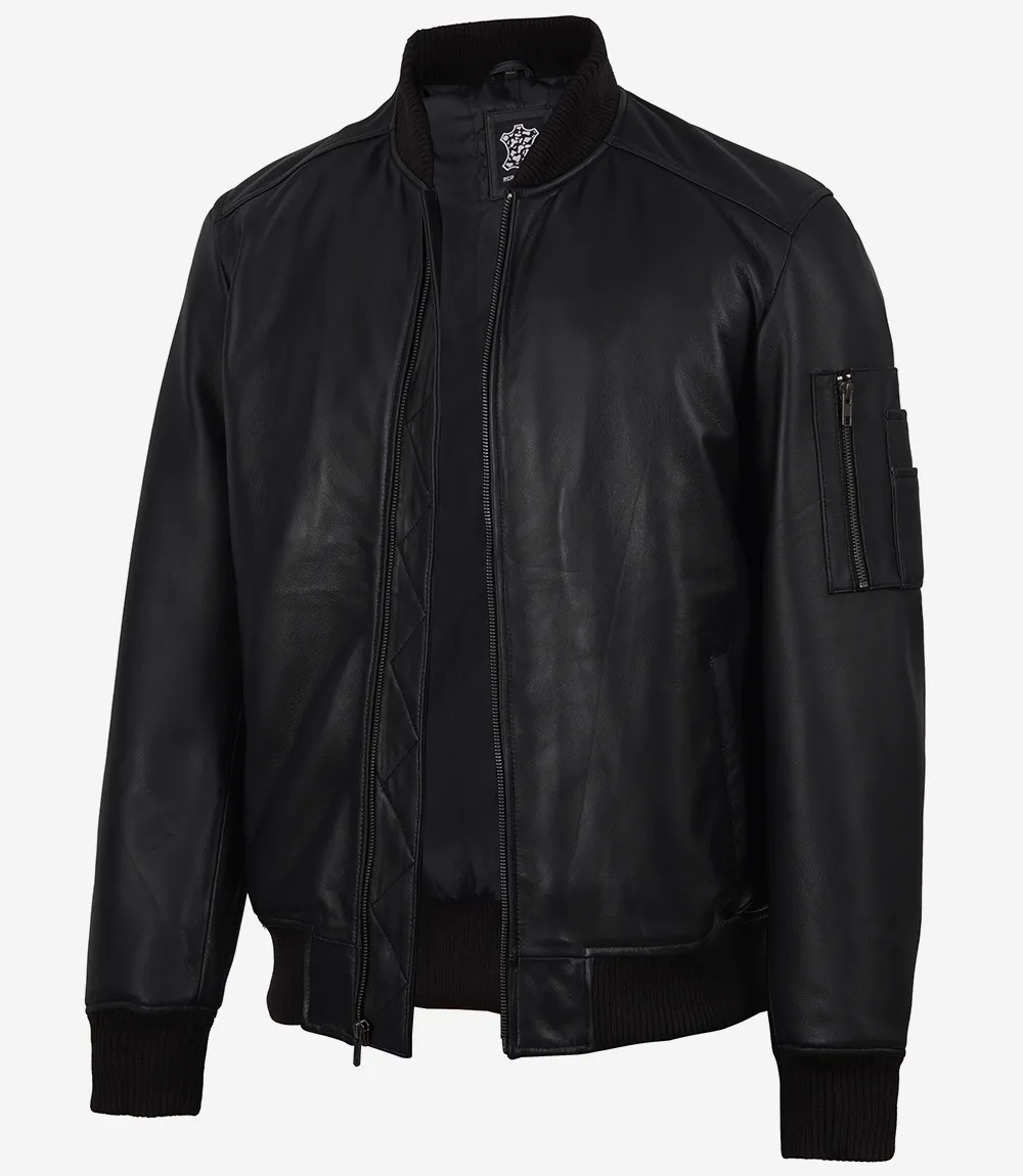 Men's Black Real Lambskin Leather Bomber Jacket