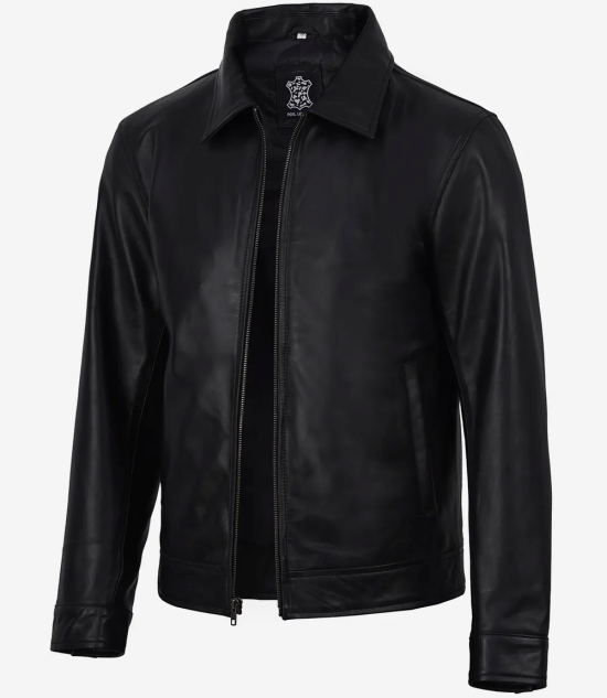 Classic Harrington Black Real Leather Jacket Men's