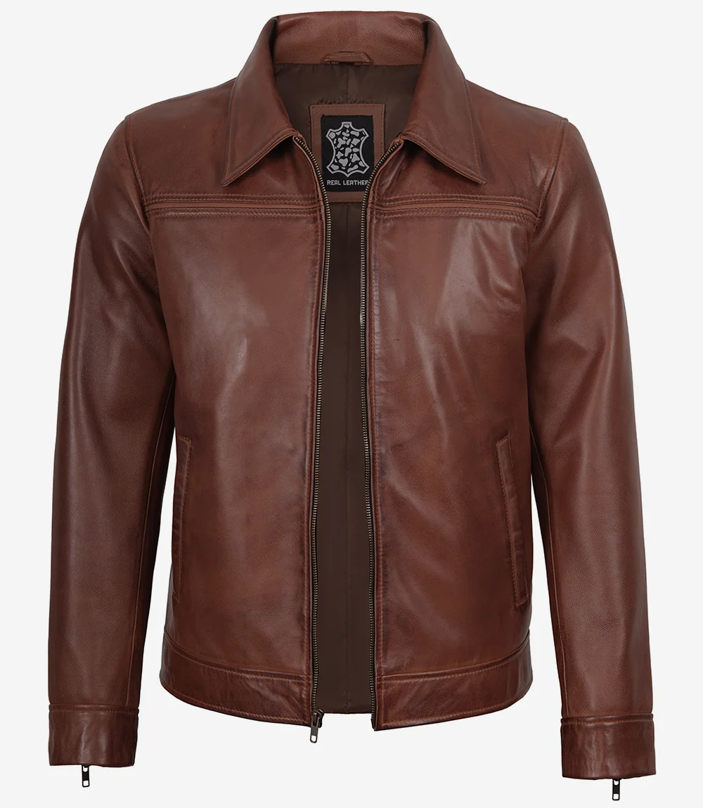 Mark Men's Cognac Brown Harrington Lambskin Leather Jacket
