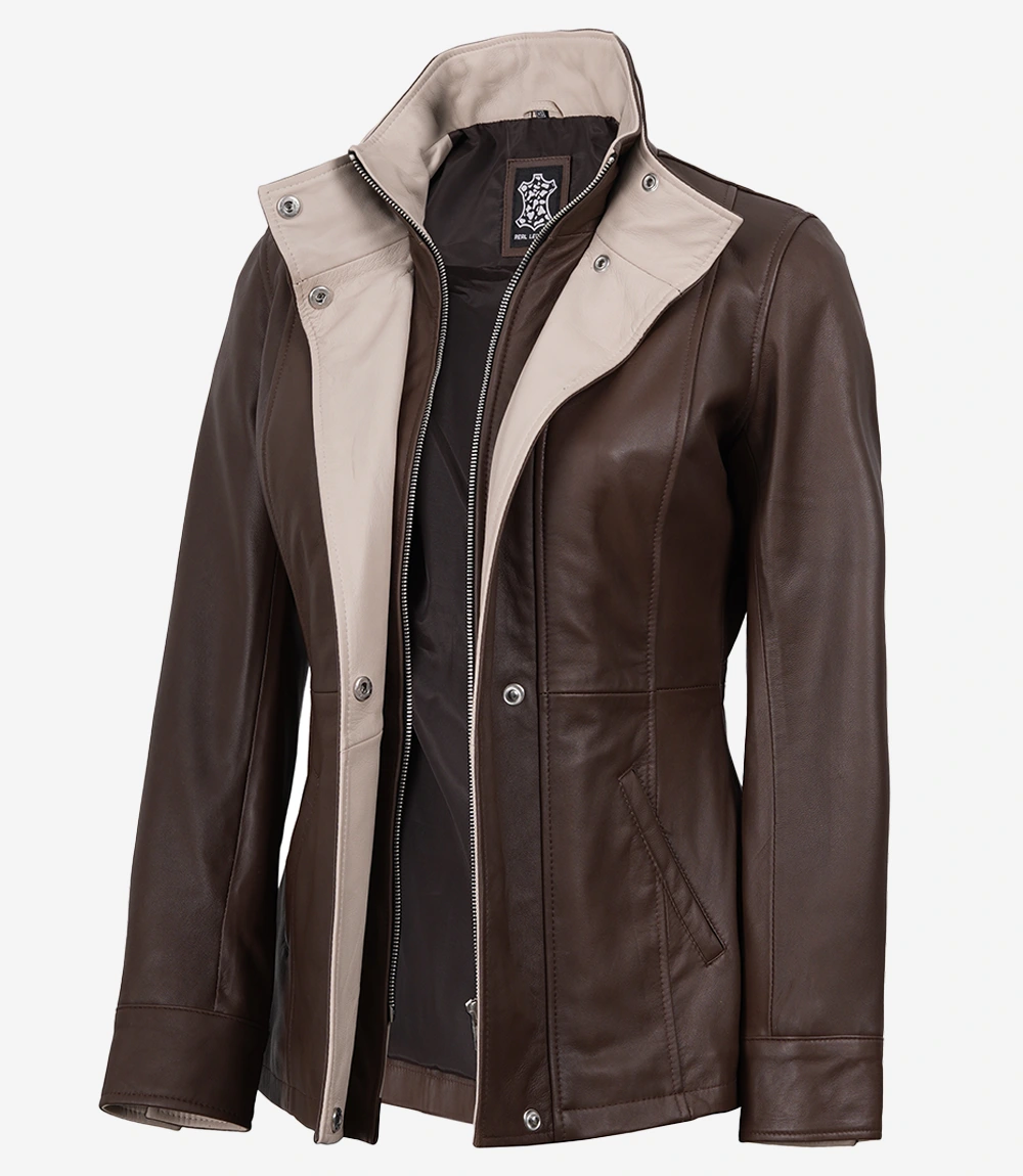 Erin Women's Dark Brown Leather Jacket with Beige Inner Lapel